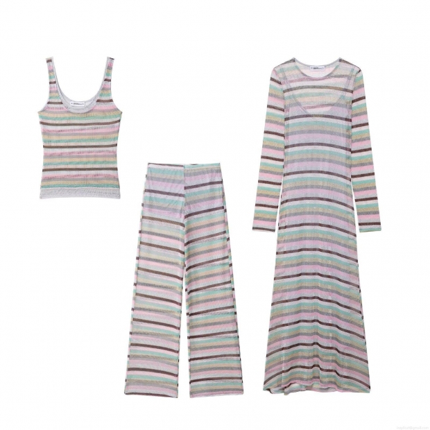Women Colorful Rainbow Striped Knitwear 3 Piece Set Breathable Hollow Out Knit Vest Wide Leg Pants Long Sleeve Slim Dress Vacation Beachwear Streetwear Western Style Outfit Women Colorful Rainbow Striped Knitwear 3 Piece Set Breathable Hollow Out Knit Vest Wide Leg Pants Long Sleeve Slim Dress Vacation Beachwear Streetwear Western Style Outfit