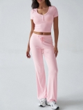 Women's 2 Piece Lounge Set Ribbed Knit V Neck Button Short Sleeve Crop Top High Waist Drawstring Flared Pants Casual Homewear Solid Color Slim Fit Outfit Women's 2 Piece Lounge Set Ribbed Knit V Neck Button Short Sleeve Crop Top High Waist Drawstring Flared Pants Casual Homewear Solid Color Slim Fit Outfit