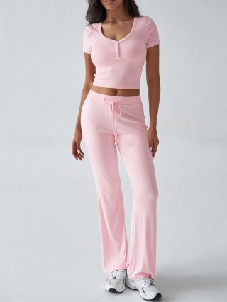 Women's 2 Piece Lounge Set Ribbed Knit V Neck Button Short Sleeve Crop Top High Waist Drawstring Flared Pants Casual Homewear Solid Color Slim Fit Outfit Women's 2 Piece Lounge Set Ribbed Knit V Neck Button Short Sleeve Crop Top High Waist Drawstring Flared Pants Casual Homewear Solid Color Slim Fit Outfit