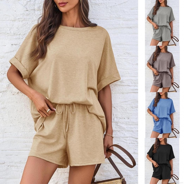 Women's Casual Two-Piece Outfits Set Oversized Batwing Short Sleeve T-Shirt And Drawstring Shorts Loungewear Polyester Spandex Soft Tracksuit For Summer Women Daily Home Wear Women's Casual Two-Piece Outfits Set Oversized Batwing Short Sleeve T-Shirt And Drawstring Shorts Loungewear Polyester Spandex Soft Tracksuit For Summer Women Daily Home Wear