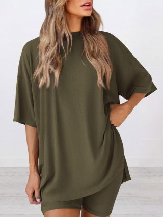 Women's Two-Piece Loungewear Set Oversized Ribbed Knit Round Neck Short Sleeve T-Shirt And High Waist Cycling Shorts Casual Summer Sporty Home Outfit Women's Two-Piece Loungewear Set Oversized Ribbed Knit Round Neck Short Sleeve T-Shirt And High Waist Cycling Shorts Casual Summer Sporty Home Outfit