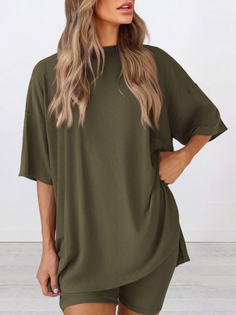 Women's Two-Piece Loungewear Set Oversized Ribbed Knit Round Neck Short Sleeve T-Shirt And High Waist Cycling Shorts Casual Summer Sporty Home Outfit Women's Two-Piece Loungewear Set Oversized Ribbed Knit Round Neck Short Sleeve T-Shirt And High Waist Cycling Shorts Casual Summer Sporty Home Outfit