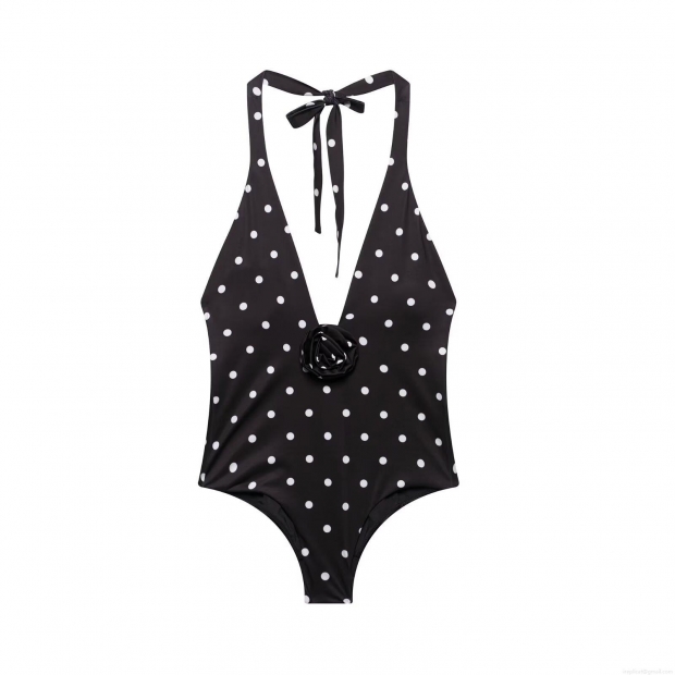 Women's One Piece Swimsuit Vintage Polka Dot Halter Neck Bathing Suit With 3D Rose Flower Sexy Deep V-Neck Slim Fit Beachwear Monokini Women's One Piece Swimsuit Vintage Polka Dot Halter Neck Bathing Suit With 3D Rose Flower Sexy Deep V-Neck Slim Fit Beachwear Monokini