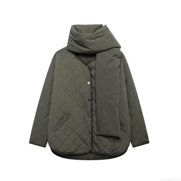 Women's Casual Loose Diamond Quilted Jacket With Matching Scarf Lightweight Polyester Puffer Coat Olive Green Solid Long Sleeve Outerwear For Autumn Winter Women's Casual Loose Diamond Quilted Jacket With Matching Scarf Lightweight Polyester Puffer Coat Olive Green Solid Long Sleeve Outerwear For Autumn Winter