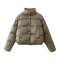 Women's Fashion Stand Collar Puffer Cotton Jacket Short Button Quilted Coat Windproof Warm Long Sleeve Streetwear Outerwear For Women