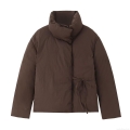 Women Casual Solid Thickened Puffer Jacket Stand Collar Tie Waist Loose Polyester Cotton Padded Coat Winter Warm Outerwear Streetwear