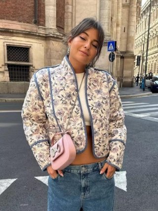 Women's Reversible Floral Print Quilted Jacket Stand Collar Cropped Padded Coat With Contrast Trim Vintage Streetwear Autumn Outwear Women's Reversible Floral Print Quilted Jacket Stand Collar Cropped Padded Coat With Contrast Trim Vintage Streetwear Autumn Outwear