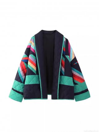 Women's Streetwear Quilted Padded Jacket Geometric Print Color Block Open Front V-Neck Loose Outerwear Autumn Winter Casual Polyester Coat Women's Streetwear Quilted Padded Jacket Geometric Print Color Block Open Front V-Neck Loose Outerwear Autumn Winter Casual Polyester Coat