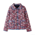 Women Floral Print Quilted Jacket Long Sleeve Lapel Button Down Puffer Coat With Patch Pockets Pink Flowers Contrast Binding Outerwear Women Floral Print Quilted Jacket Long Sleeve Lapel Button Down Puffer Coat With Patch Pockets Pink Flowers Contrast Binding Outerwear
