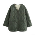 Women's Quilted Padded Jacket Oversized V-Neck Zipper Outerwear Coat Autumn Winter Casual Streetwear Warm Pockets Olive Green Cotton Blend Long Sleeve Parka Women's Quilted Padded Jacket Oversized V-Neck Zipper Outerwear Coat Autumn Winter Casual Streetwear Warm Pockets Olive Green Cotton Blend Long Sleeve Parka