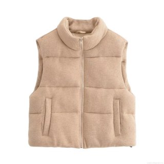 Women's Winter Knitted Puffer Vest Stand Collar Sleeveless Zip Up Padded Jacket Solid Color Warm Casual Quilted Waistcoat Outwear Beige Women's Winter Knitted Puffer Vest Stand Collar Sleeveless Zip Up Padded Jacket Solid Color Warm Casual Quilted Waistcoat Outwear Beige