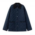 Women Navy Blue Diamond Quilted Jacket Contrast Corduroy Lapel Single Breasted Padded Coat With Pockets Casual Winter Streetwear Outwear For Women Women Navy Blue Diamond Quilted Jacket Contrast Corduroy Lapel Single Breasted Padded Coat With Pockets Casual Winter Streetwear Outwear For Women