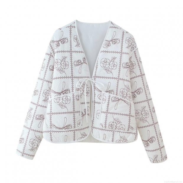 Women's Quilted Cotton-padded Jacket V-Neck Lace-up Rose Bow Floral Print Winter Coat Western Style Streetwear Warm Long Sleeve Outerwear Women's Quilted Cotton-padded Jacket V-Neck Lace-up Rose Bow Floral Print Winter Coat Western Style Streetwear Warm Long Sleeve Outerwear