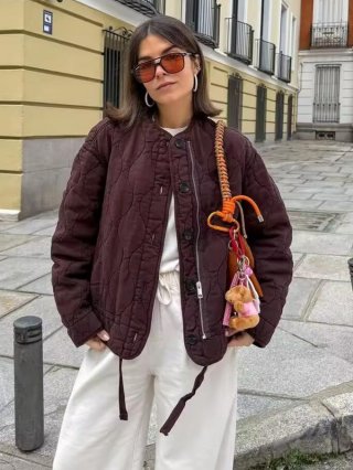 Women's Loose Casual Quilted Jacket Wave Pattern Puffer Coat With Round Neck Long Sleeve Zipper Button Closure Solid Color Warm Outerwear Women's Loose Casual Quilted Jacket Wave Pattern Puffer Coat With Round Neck Long Sleeve Zipper Button Closure Solid Color Warm Outerwear