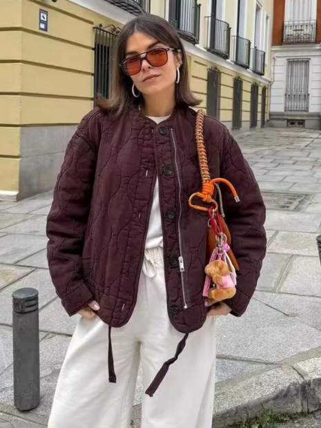 Women's Loose Casual Quilted Jacket Wave Pattern Puffer Coat With Round Neck Long Sleeve Zipper Button Closure Solid Color Warm Outerwear Women's Loose Casual Quilted Jacket Wave Pattern Puffer Coat With Round Neck Long Sleeve Zipper Button Closure Solid Color Warm Outerwear