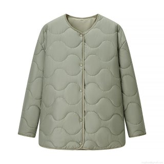 Women's Winter European Street Style Round Neck Long Sleeve Wave Quilted Jacket Lightweight Padded Cotton Coat With Buttons Solid Sage Green Casual Outerwear Women's Winter European Street Style Round Neck Long Sleeve Wave Quilted Jacket Lightweight Padded Cotton Coat With Buttons Solid Sage Green Casual Outerwear