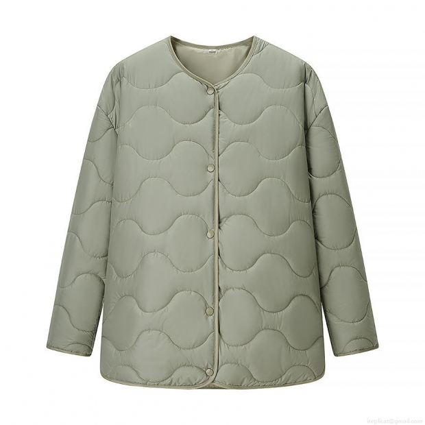 Women's Winter European Street Style Round Neck Long Sleeve Wave Quilted Jacket Lightweight Padded Cotton Coat With Buttons Solid Sage Green Casual Outerwear Women's Winter European Street Style Round Neck Long Sleeve Wave Quilted Jacket Lightweight Padded Cotton Coat With Buttons Solid Sage Green Casual Outerwear