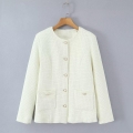 Women's Elegant Creamy White Tweed Jacket Padded Cotton Coat With Pearl Buttons Round Neck Long Sleeve Winter Outerwear Quilted Lining Warm Puffer Jacket For Women Women's Elegant Creamy White Tweed Jacket Padded Cotton Coat With Pearl Buttons Round Neck Long Sleeve Winter Outerwear Quilted Lining Warm Puffer Jacket For Women