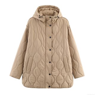 Women's Khaki Hooded Quilted Jacket Loose Fit Mid-Length Warm Winter Puffer Coat With Snap Buttons And Zipper Solid Color Streetwear Padded Outerwear Women's Khaki Hooded Quilted Jacket Loose Fit Mid-Length Warm Winter Puffer Coat With Snap Buttons And Zipper Solid Color Streetwear Padded Outerwear
