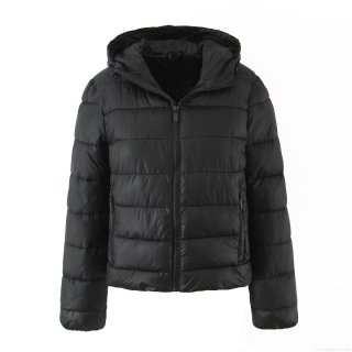 Women's Hooded Padded Puffer Jacket Polyester Lightweight Horizontal Quilted Winter Coat Solid Black Full Zip Windproof Outerwear With Pockets Women's Hooded Padded Puffer Jacket Polyester Lightweight Horizontal Quilted Winter Coat Solid Black Full Zip Windproof Outerwear With Pockets