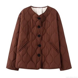Women's Casual Loose Quilted Cotton Padded Jacket Round Neck Long Sleeve Button Down Mid-Length Warm Puffer Coat Plain Solid Color Outerwear For Women Women's Casual Loose Quilted Cotton Padded Jacket Round Neck Long Sleeve Button Down Mid-Length Warm Puffer Coat Plain Solid Color Outerwear For Women