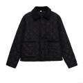 Women's Casual Quilted Cotton Padded Jacket With Corduroy Collar Black Rhombus Pattern Loose Fit Warm Button Down Coat Outerwear For Women Women's Casual Quilted Cotton Padded Jacket With Corduroy Collar Black Rhombus Pattern Loose Fit Warm Button Down Coat Outerwear For Women