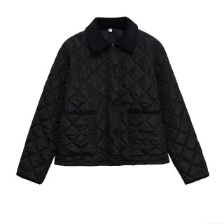 Women's Casual Quilted Cotton Padded Jacket With Corduroy Collar Black Rhombus Pattern Loose Fit Warm Button Down Coat Outerwear For Women Women's Casual Quilted Cotton Padded Jacket With Corduroy Collar Black Rhombus Pattern Loose Fit Warm Button Down Coat Outerwear For Women