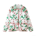 Women's Quilted Strawberry Print Padded Jacket Polyester Outer Cotton Filling Casual Loose Button Down Outerwear Coat With Red Piping Pockets For Autumn Winter Ladies Fashion Women's Quilted Strawberry Print Padded Jacket Polyester Outer Cotton Filling Casual Loose Button Down Outerwear Coat With Red Piping Pockets For Autumn Winter Ladies Fashion