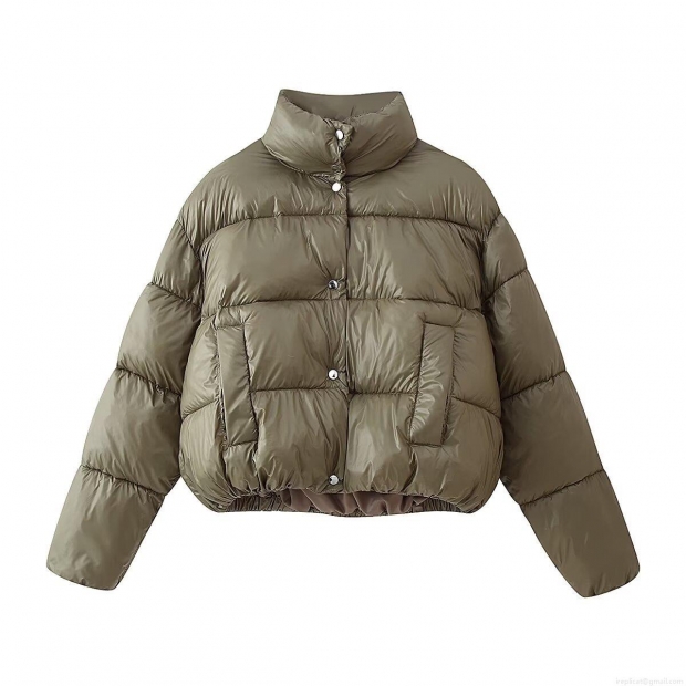 Women Fashion Short Puffer Jacket Solid Olive Green Cotton Padded Coat With Metal Buttons Stand Collar Retro Style Winter Warm Windproof Outerwear Women Fashion Short Puffer Jacket Solid Olive Green Cotton Padded Coat With Metal Buttons Stand Collar Retro Style Winter Warm Windproof Outerwear
