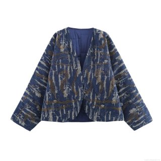 Women's Kimono Style Beaded Denim Effect Quilted Jacket Vintage Embroidered Open Front Cotton Padded Coat For Autumn Casual Loose Long Sleeve Outerwear Women's Kimono Style Beaded Denim Effect Quilted Jacket Vintage Embroidered Open Front Cotton Padded Coat For Autumn Casual Loose Long Sleeve Outerwear