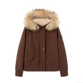 Women's Casual Hooded Cotton-Padded Jacket With Detachable Faux Fur Collar Utility Workwear Style Windproof Warm Short Coat For Autumn Winter Women's Casual Hooded Cotton-Padded Jacket With Detachable Faux Fur Collar Utility Workwear Style Windproof Warm Short Coat For Autumn Winter