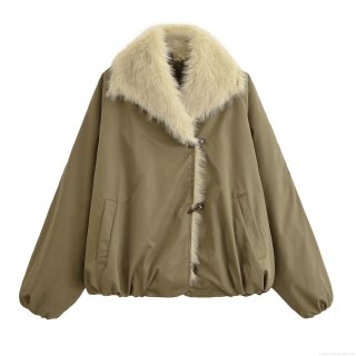 Women Casual Cotton-Padded Jacket With Faux Fur Collar Ox Horn Toggle Buttons Warm Winter Loose 100% Polyester Outerwear Coat For Ladies