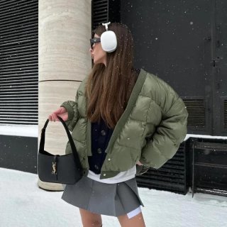 Women's Winter Short Puffer Jacket Loose Quilted Cotton Padded Coat With Pockets Stand Collar Warm Outerwear For Casual Daily Wear Olive Green Women's Winter Short Puffer Jacket Loose Quilted Cotton Padded Coat With Pockets Stand Collar Warm Outerwear For Casual Daily Wear Olive Green