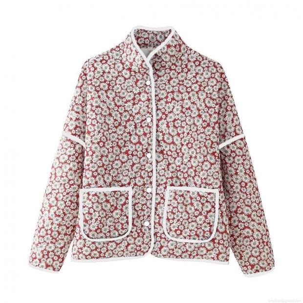 Women's Daisy Print Quilted Cotton Jacket Retro Floral Stand Collar Padded Outerwear Button Down Lightweight Warm Coat for Autumn Winter