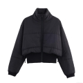 Women's Solid Black Cropped Puffer Jacket Stand Collar Quilted Cotton Padded Coat With Drawstring Hem Zipper Closure Winter Warm Outerwear For Women Women's Solid Black Cropped Puffer Jacket Stand Collar Quilted Cotton Padded Coat With Drawstring Hem Zipper Closure Winter Warm Outerwear For Women