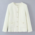 Women's Elegant Tweed Padded Jacket Vintage Round Neck Single Breasted Coat With Pearl Buttons Warm Woven Outerwear For Daily Date Lady Women's Elegant Tweed Padded Jacket Vintage Round Neck Single Breasted Coat With Pearl Buttons Warm Woven Outerwear For Daily Date Lady
