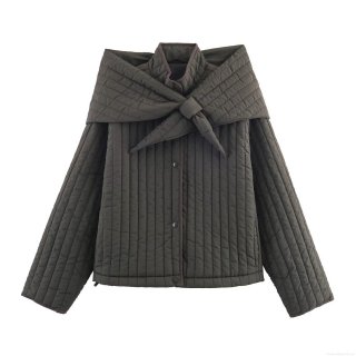 Women's Vintage Quilted Padded Jacket With Detachable Scarf Tie Collar Snap Button Long Sleeve Polyester Cotton Blend Winter Coat For Women Women's Vintage Quilted Padded Jacket With Detachable Scarf Tie Collar Snap Button Long Sleeve Polyester Cotton Blend Winter Coat For Women