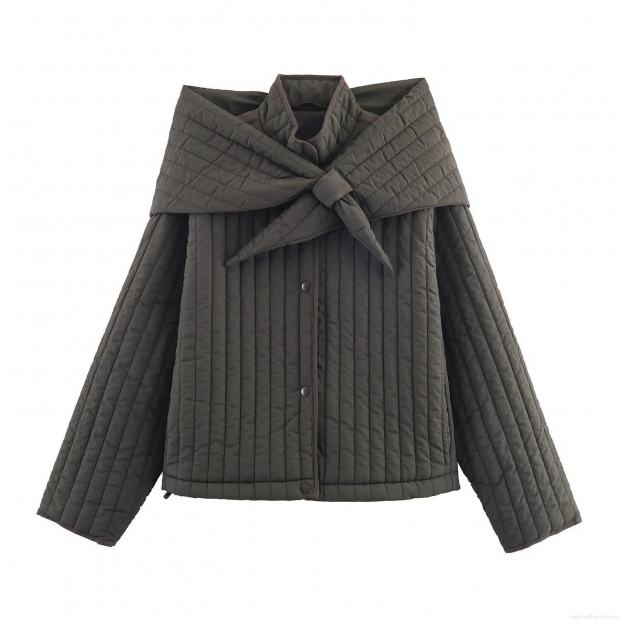Women's Vintage Quilted Padded Jacket With Detachable Scarf Tie Collar Snap Button Long Sleeve Polyester Cotton Blend Winter Coat For Women Women's Vintage Quilted Padded Jacket With Detachable Scarf Tie Collar Snap Button Long Sleeve Polyester Cotton Blend Winter Coat For Women