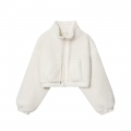 Women's Short Faux Lamb Wool Fleece Jacket Stand Collar Zipper Padded Outwear With Drawstring Casual Solid Color Warm Coat For Autumn Winter
