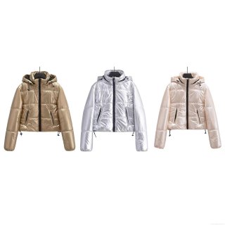 Women's Metallic Shiny Puffer Jacket Hooded Long Sleeve Cotton Padded Coat Winter Short Quilted Streetwear Windproof Outerwear For Lady Women's Metallic Shiny Puffer Jacket Hooded Long Sleeve Cotton Padded Coat Winter Short Quilted Streetwear Windproof Outerwear For Lady