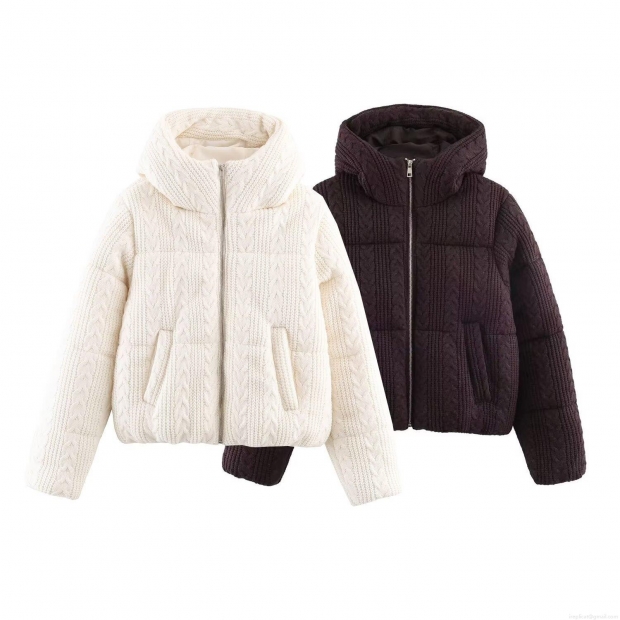 Women's Hooded Puffer Jacket Polyester Padded Cable Knit Textured Outerwear Winter Warm Long Sleeve Zipper Coat Street Style Casual Fashion Short Jacket Women's Hooded Puffer Jacket Polyester Padded Cable Knit Textured Outerwear Winter Warm Long Sleeve Zipper Coat Street Style Casual Fashion Short Jacket