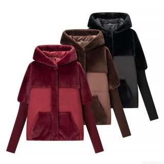 Women's Autumn Winter Hooded Padded Jacket Faux Fur Patchwork Knit Ribbed Cuffs Warm Zipper Outwear Coat With Pockets Women's Autumn Winter Hooded Padded Jacket Faux Fur Patchwork Knit Ribbed Cuffs Warm Zipper Outwear Coat With Pockets