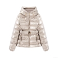 Women's Metallic Glossy Puffer Jacket With Belt Hooded Slim Fit Mid-Length Winter Cotton Padded Coat Outdoor Warm Outerwear For Women Women's Metallic Glossy Puffer Jacket With Belt Hooded Slim Fit Mid-Length Winter Cotton Padded Coat Outdoor Warm Outerwear For Women