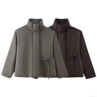 Women's Short Puffer Jacket Stand Collar Long Sleeve Tie Waist Cotton Padded Coat Casual Loose Solid Color Warm Polyester Outerwear For Autumn Winter Ladies Women's Short Puffer Jacket Stand Collar Long Sleeve Tie Waist Cotton Padded Coat Casual Loose Solid Color Warm Polyester Outerwear For Autumn Winter Ladies