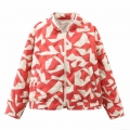 Women's Geometric Pattern Padded Jacket Streetwear Stand Collar Quilted Short Puffer Coat With Zip Closure Polyester Filling Warm Outerwear For Winter Autumn Women