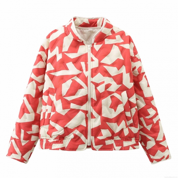 Women's Geometric Pattern Padded Jacket Streetwear Stand Collar Quilted Short Puffer Coat With Zip Closure Polyester Filling Warm Outerwear For Winter Autumn Women