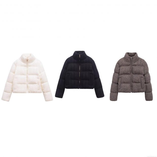Women's Short Puffer Jacket Knit Texture Stand Collar Zipper Casual Warm Cotton Padded Coat Solid Color Polyester Outwear For Winter Spring Streetwear