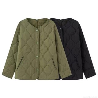 Women's Lightweight Quilted Padded Jacket Round Neck Long Sleeve Side Slit Loose Fit Solid Color Cotton Coat Casual Winter Warm Outerwear Women's Lightweight Quilted Padded Jacket Round Neck Long Sleeve Side Slit Loose Fit Solid Color Cotton Coat Casual Winter Warm Outerwear