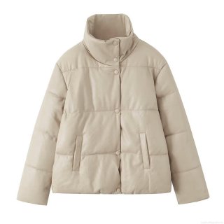 Women's Winter Puffer Jacket Faux PU Leather Stand Collar Long Sleeve Padded Bread Coat Solid Color Warm Quilted Outerwear Casual Streetwear For Ladies