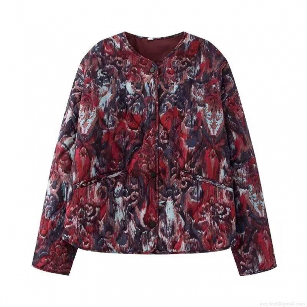 Women's Abstract Print Quilted Jacket Round Neck Long Sleeve Single-Breasted Puffer Coat With Pockets Vintage Artistic Winter Outerwear